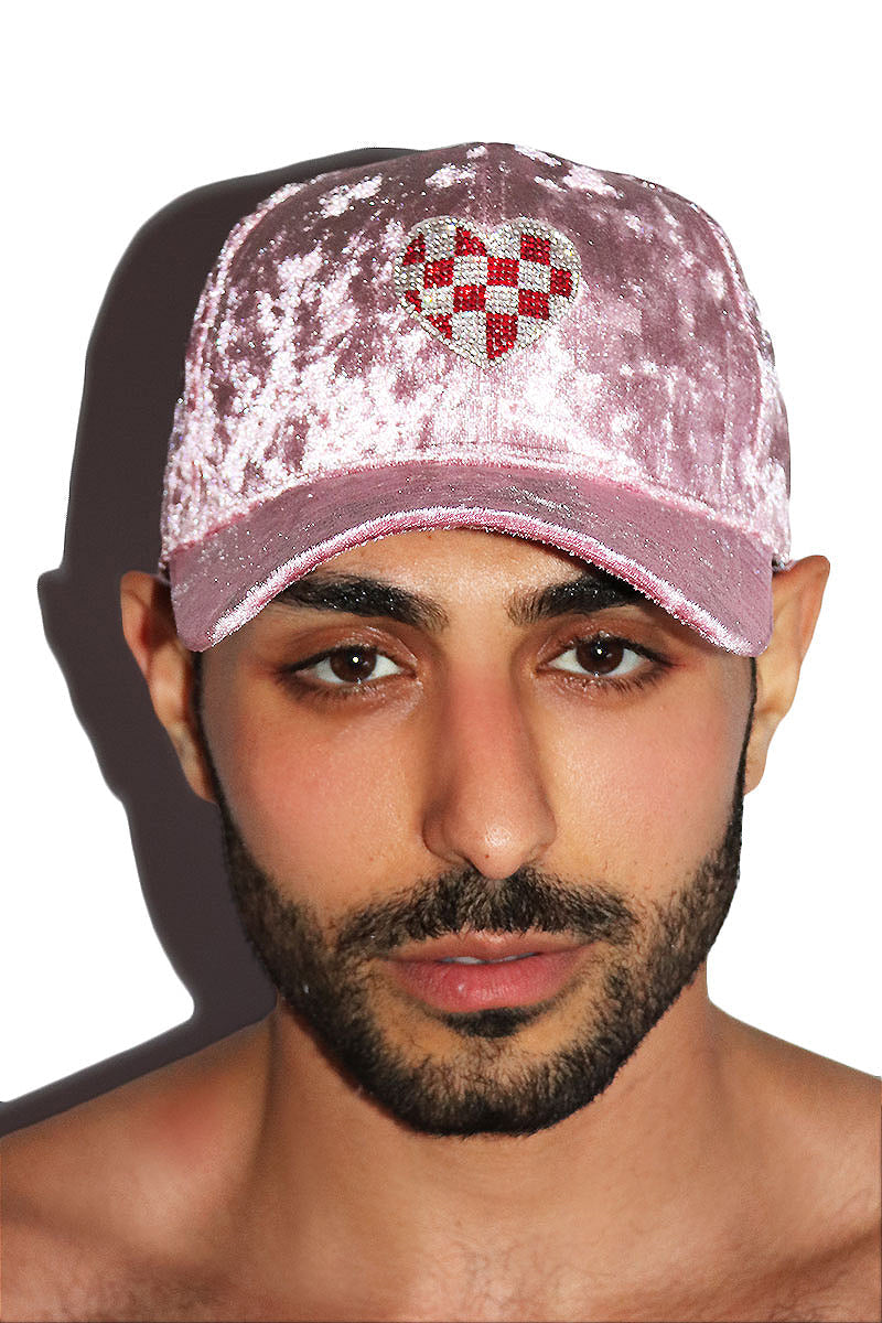 Checkered Love Crushed Velvet Dad Hat -Pink
