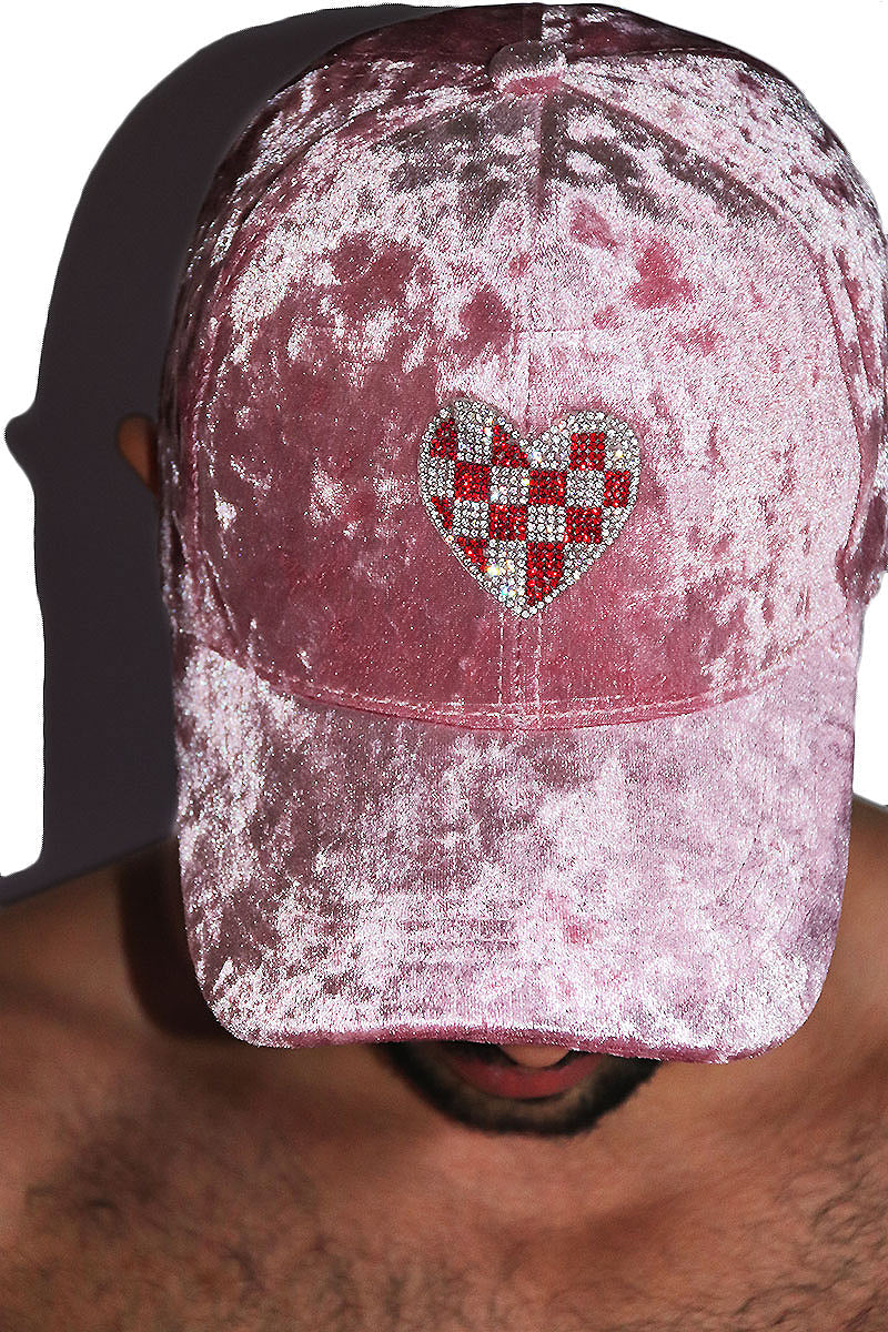 Checkered Love Crushed Velvet Dad Hat -Pink