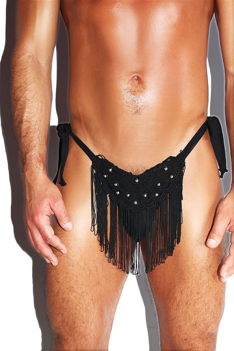 Macrame Fringe Tied Up String Thong- Black