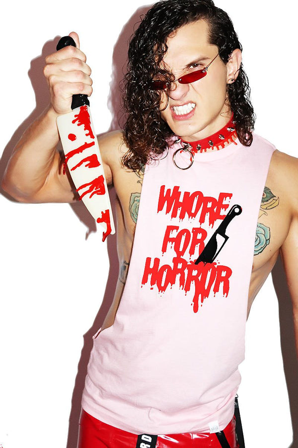 Whore for Horror Low Arm Shedder Tank in Pink