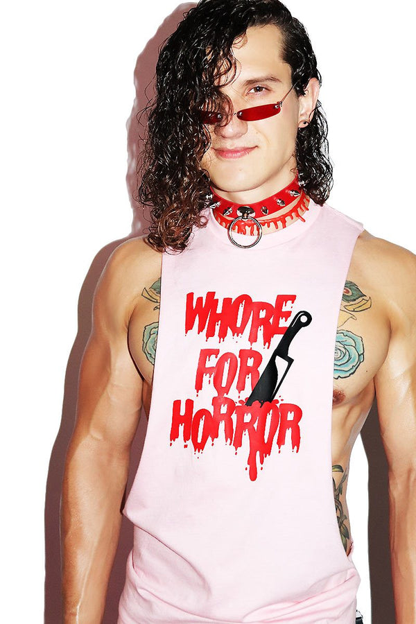 Whore for Horror Low Arm Shedder Tank in Pink, view 2