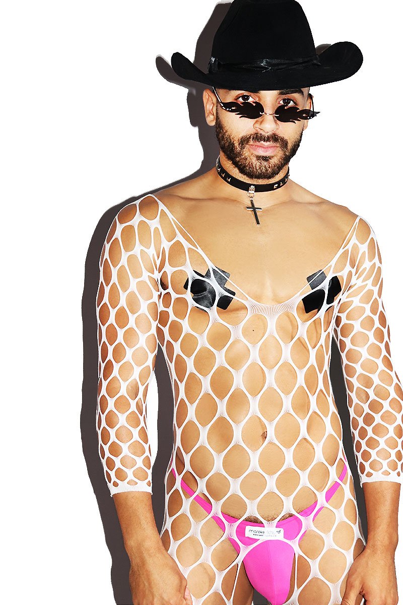 Wide Fishnet Bodysuit Tights- White