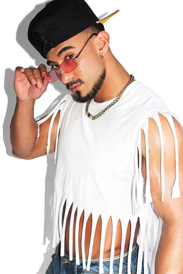 Shredded Fringe Crop Tee in White, view 2