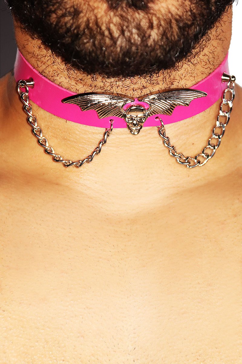 Hells Bells Vegan Leather Choker Necklace- Pink