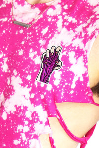 Pink Fist Shredded Oblique Crop Tank-Fushia