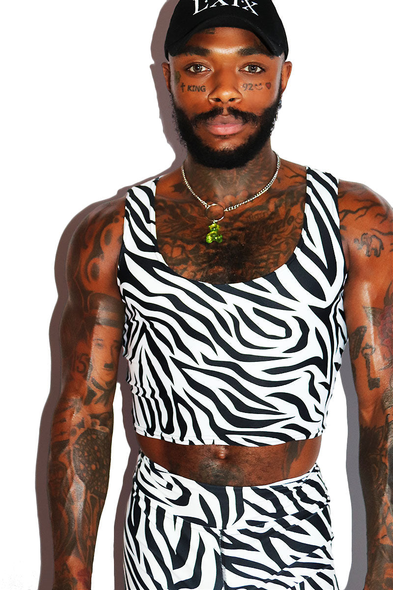 Zebra All Over Print Fitted Crop Tank- White