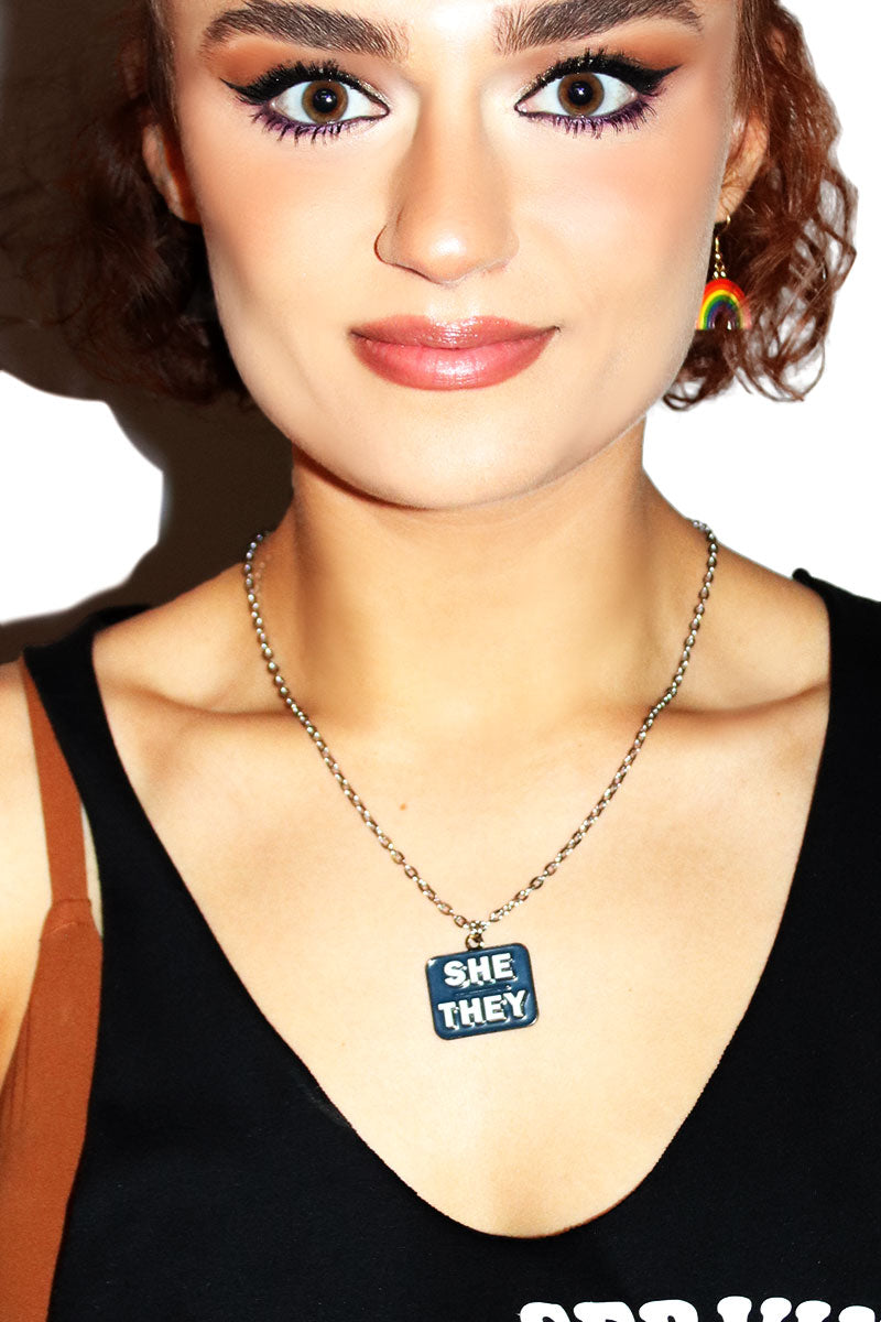 She / They Dog Tag Necklace -Silver